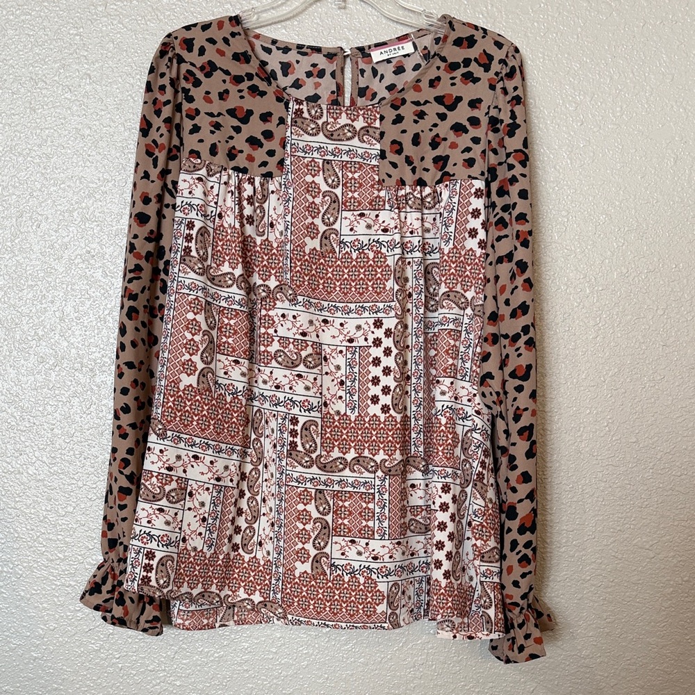 ANDREE BY UNIT Leopard and Patchwork Blouse